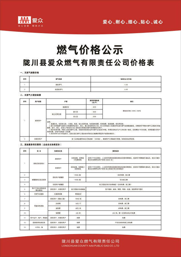 燃气价格公示